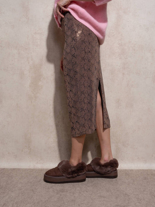 Gonna midi metallizzata effetto pitonato