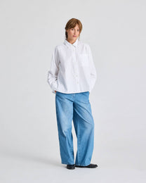Camicia Bianca in Popeline di Cotone Biologico con Maniche Raglan