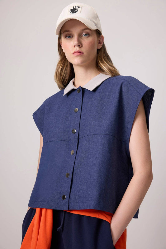 Gilet oversize in misto lino con colletto a contrasto