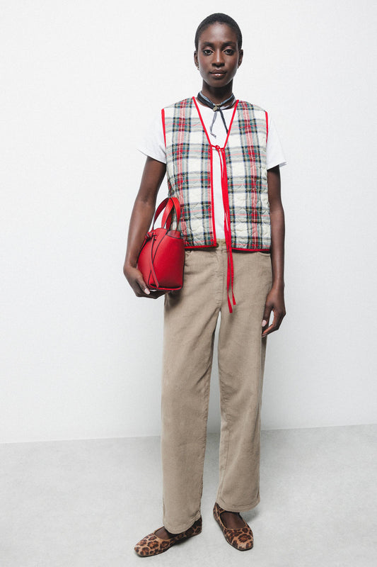 Gilet trapuntato tartan con scollo a V e laccio frontale