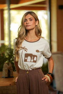 T-shirt stampata in cotone con profili a contrasto