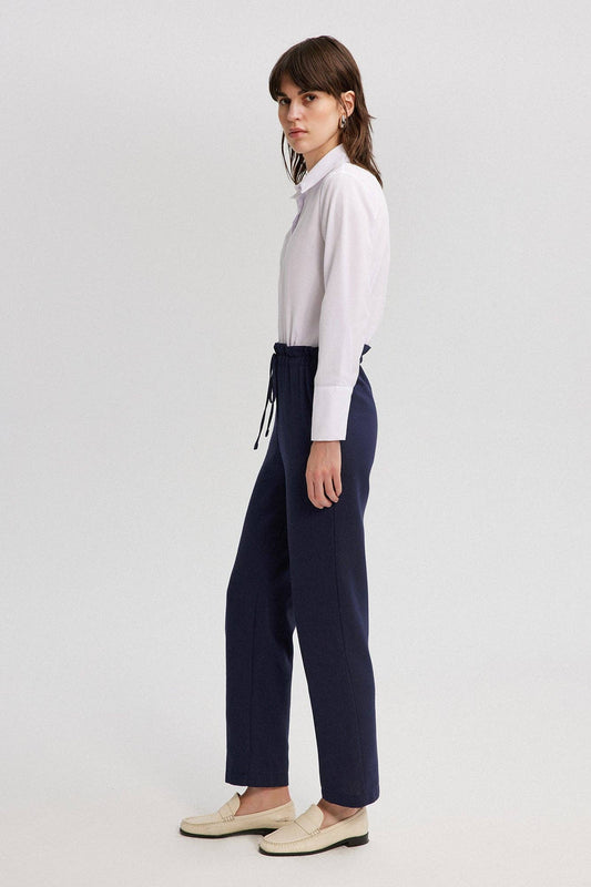 Pantaloni donna blu navy in misto lino con vita elasticizzata