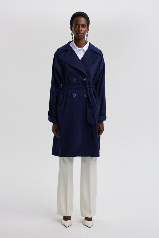 Trench coat rilassato con cintura effetto cupro blu navy
