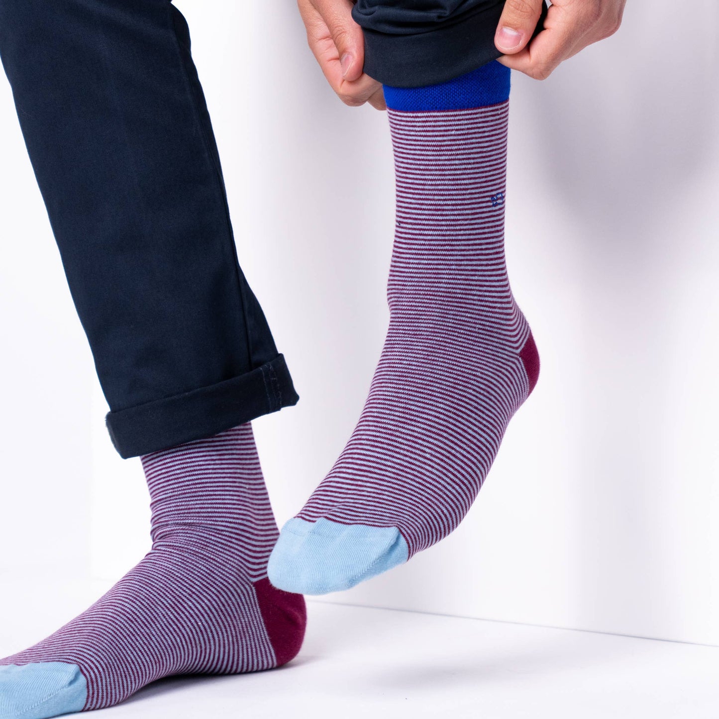 Calzini a righe in cotone pettinato bordeaux e azzurro