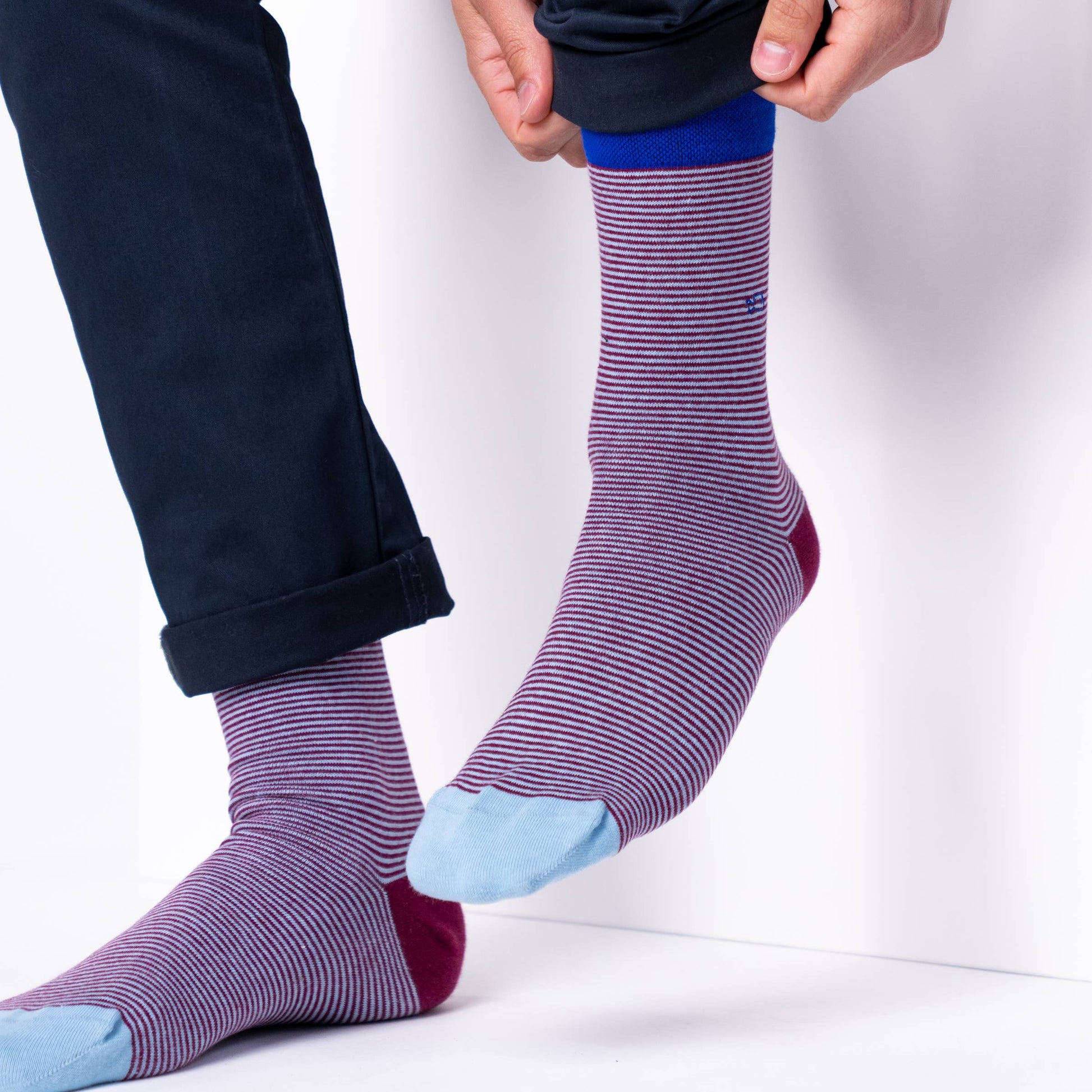 Calzini a righe in cotone pettinato bordeaux e azzurro