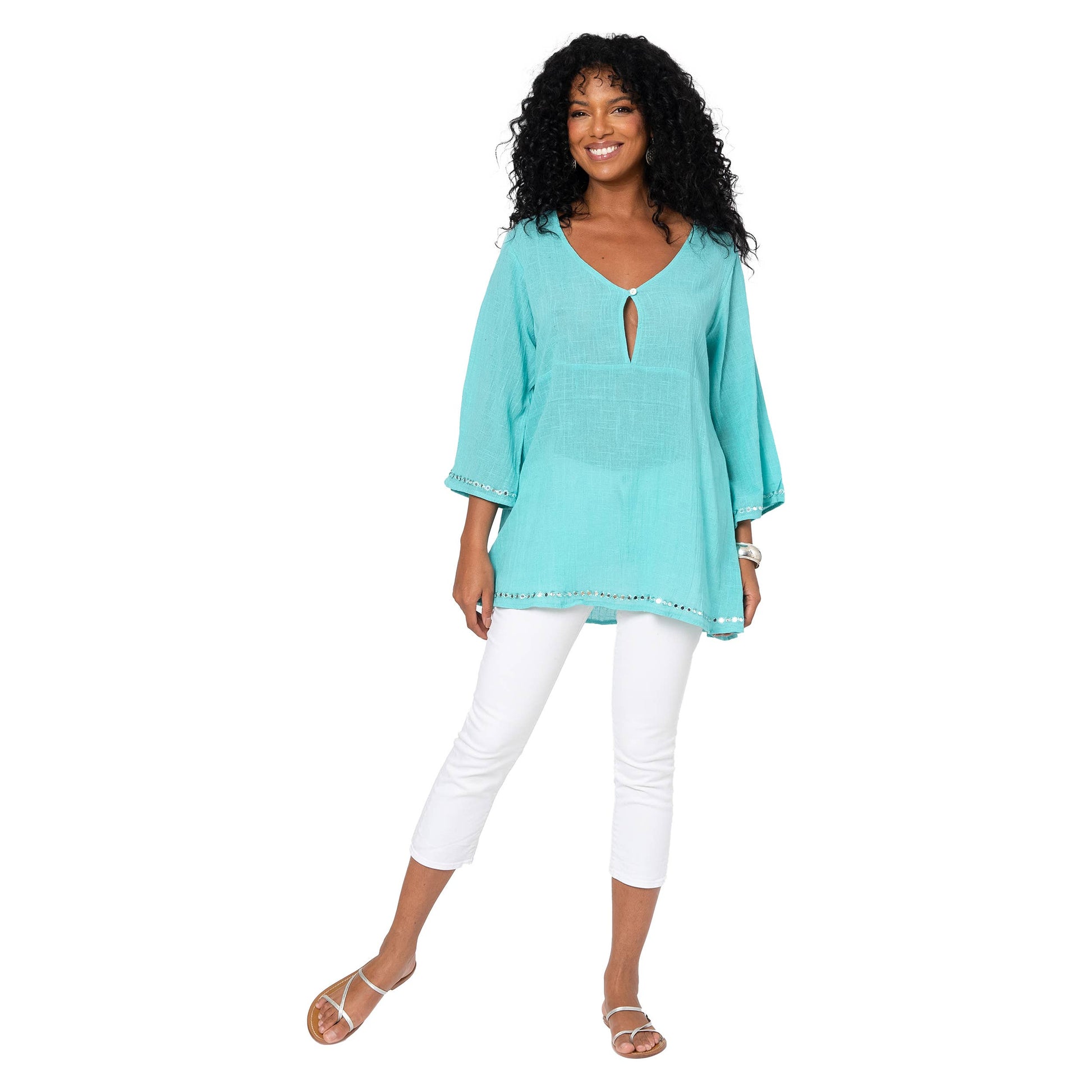 Top lungo estivo boho turchese in cotone con maniche 3/4 svasate