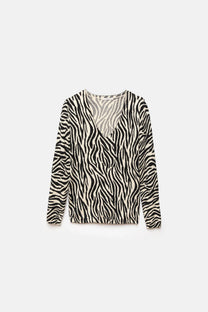Maglione in maglia con motivo zebra e scollo a V