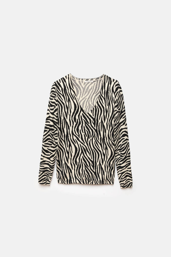 Maglione in maglia con motivo zebra e scollo a V