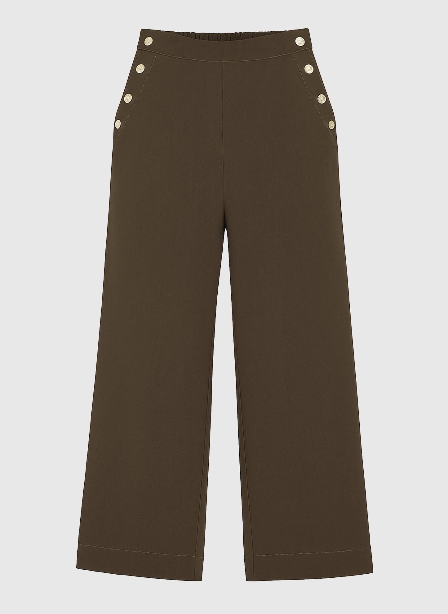 Pantaloni palazzo a vita alta color militare con bottoni dorati