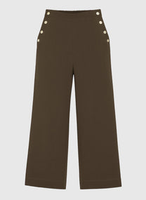 Pantaloni palazzo a vita alta color militare con bottoni dorati