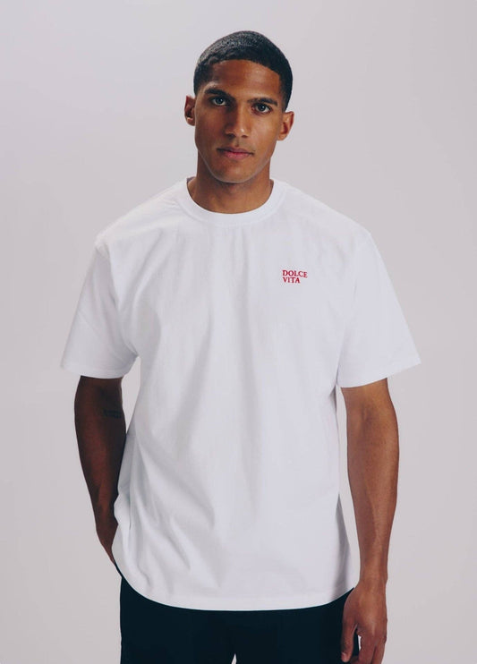 T-shirt oversize bianca con ricamo "Dolce Vita"