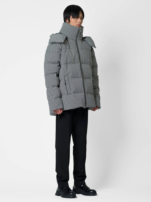 Giacca puffer pied de poule nero e bianco con cappuccio staccabile