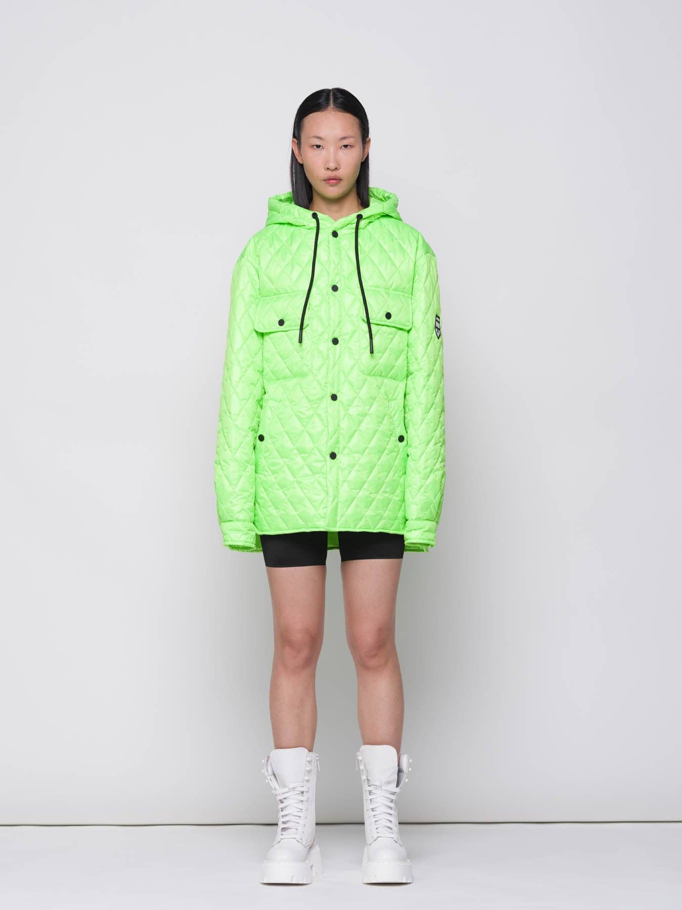Giacca trapuntata a rombi verde fluo con cappuccio