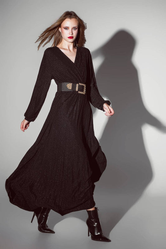Abito lungo nero in lurex con scollo a V e cintura