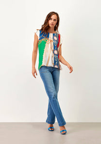 T-shirt multicolor con stampa catene e maniche volant