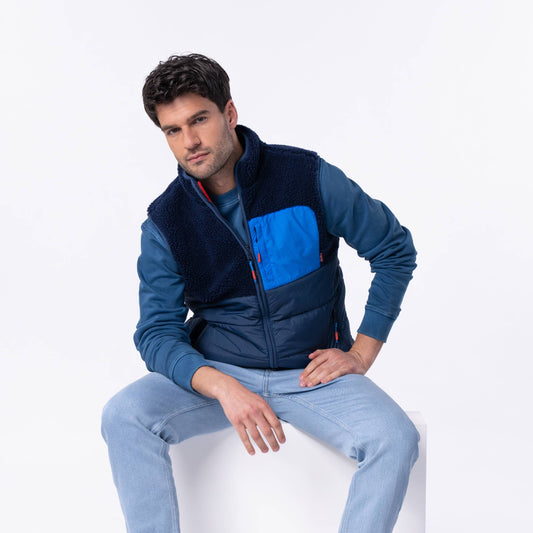Gilet sherpa smanicato bicolore blu navy