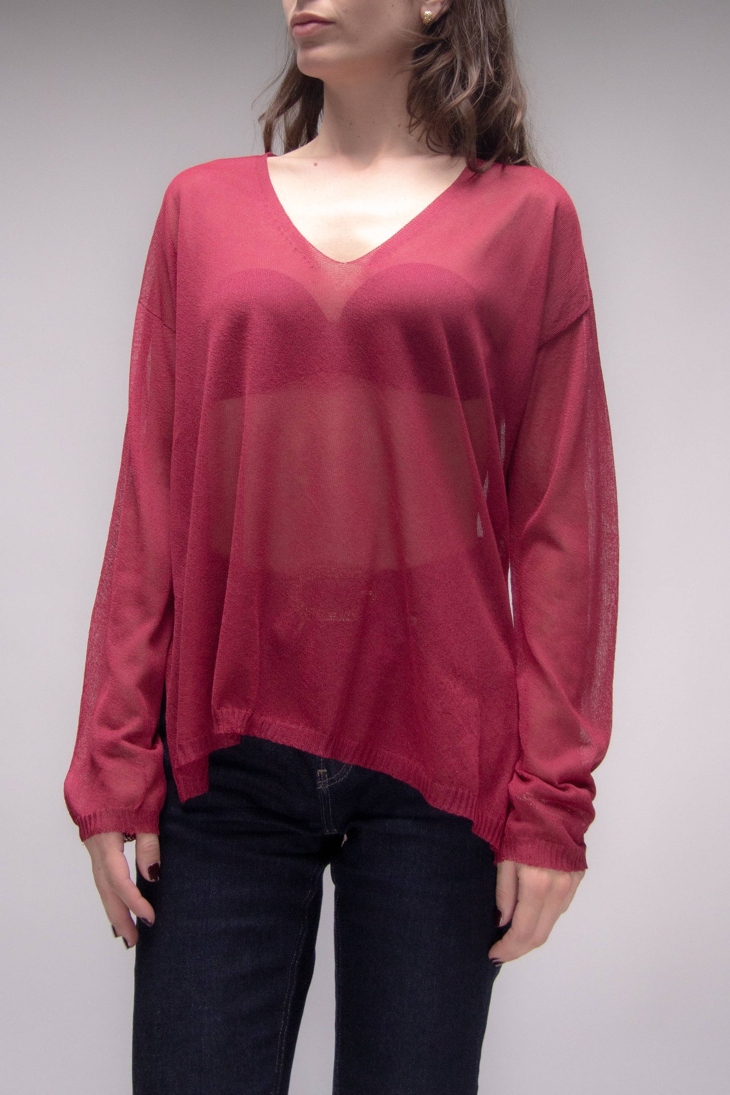 Maxi Maglia Scollo a V con Spacco Laterale in Maglia 3D
