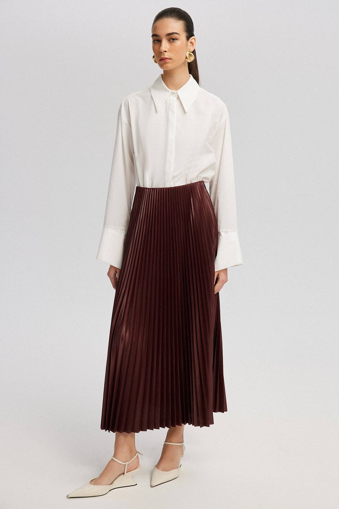 Gonna plissettata maxi a vita alta bordeaux