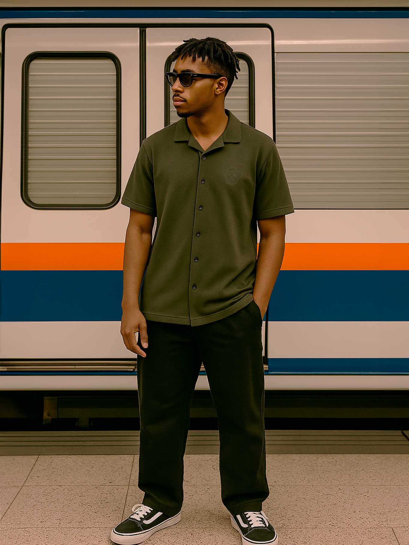 Camicia unisex in cotone piqué khaki con logo ricamato