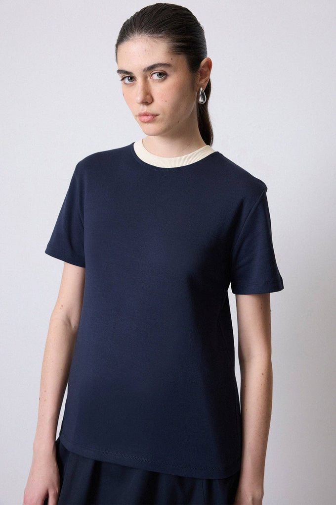 T-shirt donna in cotone con collo a costine blu navy