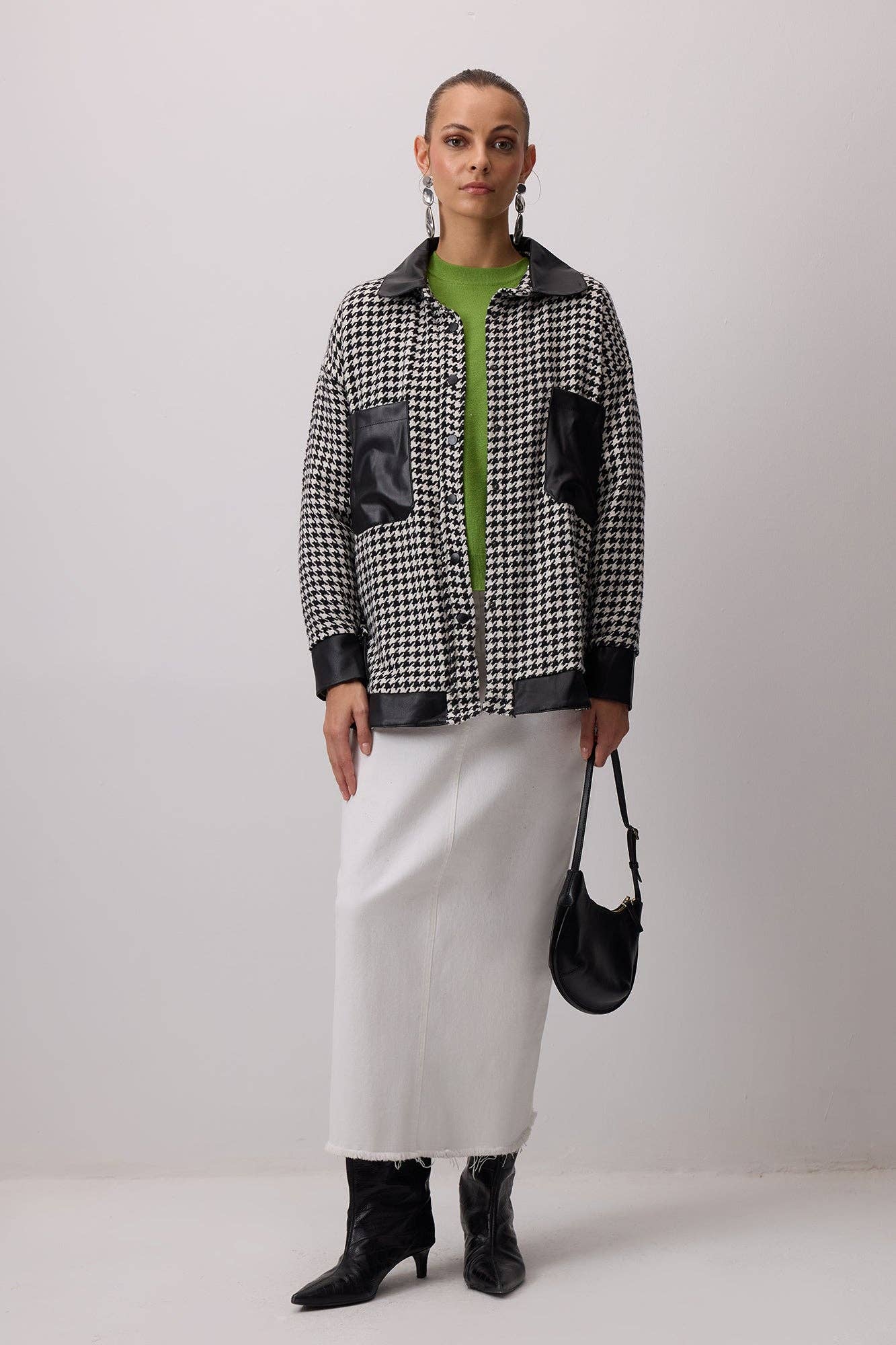 Camicia overshirt pied-de-poule con dettagli effetto pelle