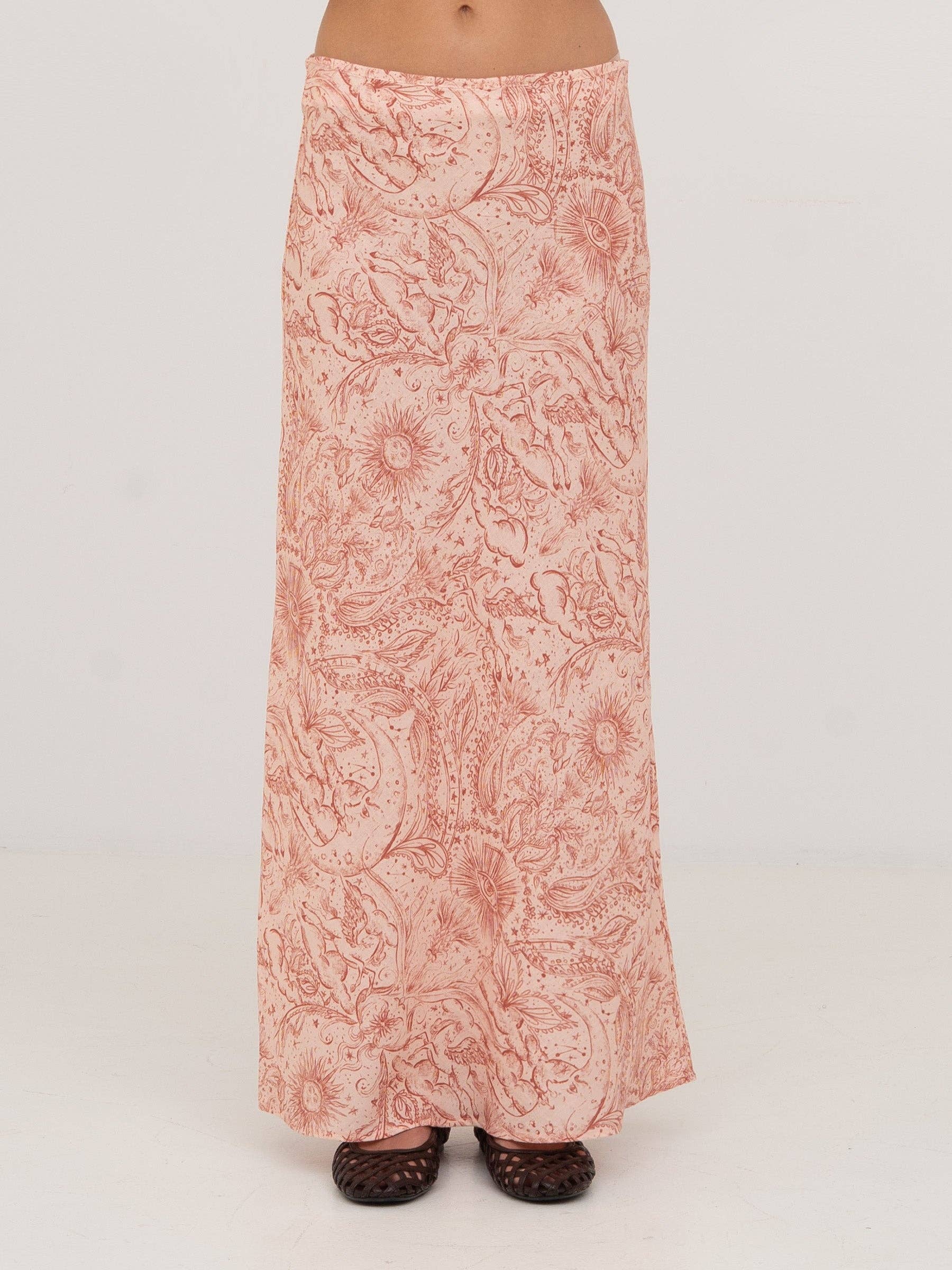 Gonna lunga rosa con stampa sistema solare Sophia