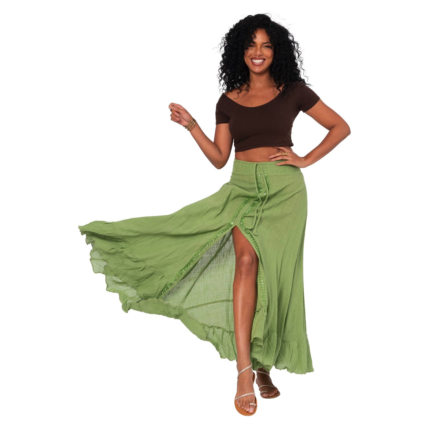 Gonna lunga estiva verde boho in cotone