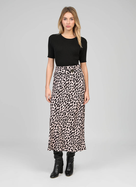 Gonna lunga animalier beige con bottoni dorati