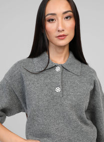 Maglione Norea grigio con colletto polo e bottoni gioiello