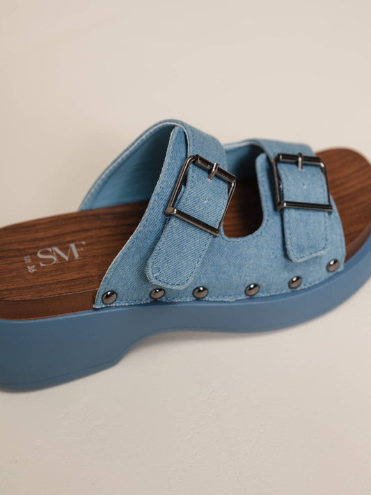 Sandali platform in denim con zeppa alta
