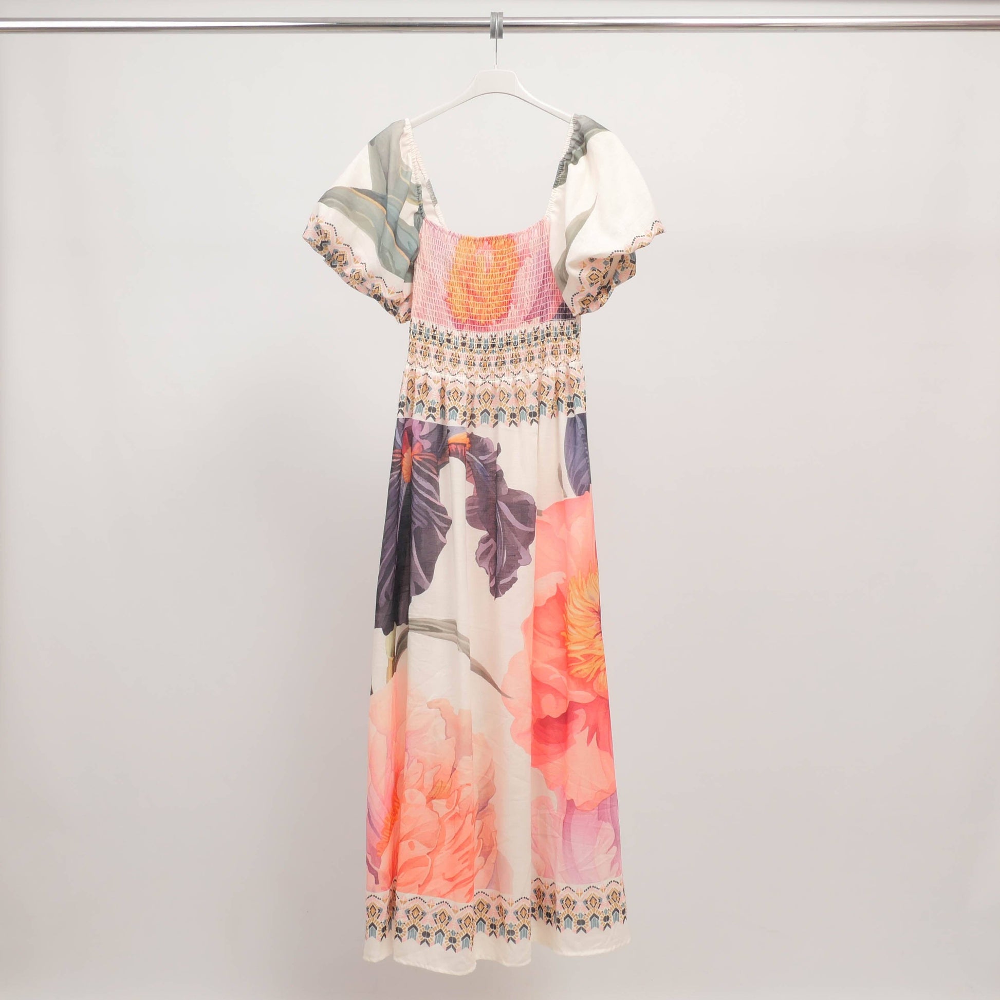 Abito lungo boho stampato con maniche a palloncino