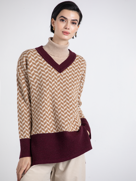 Maglia jacquard con scollo a V bicolore