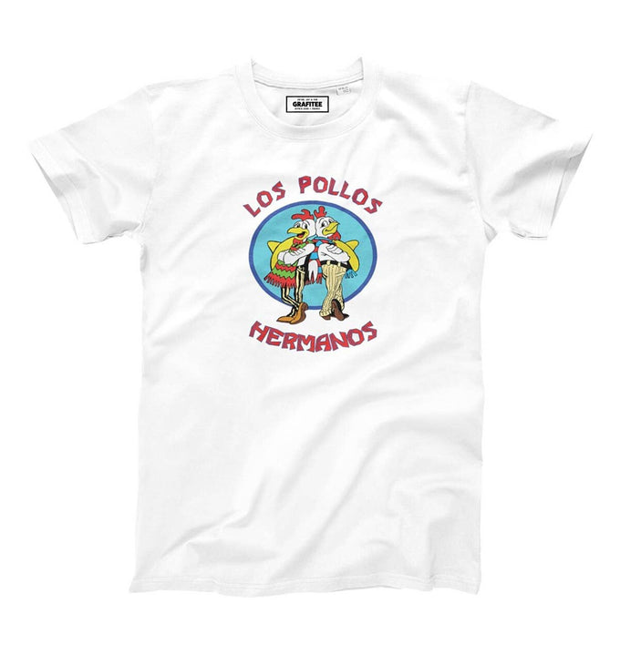 T-shirt unisex bianca con stampa Los Pollos Hermanos