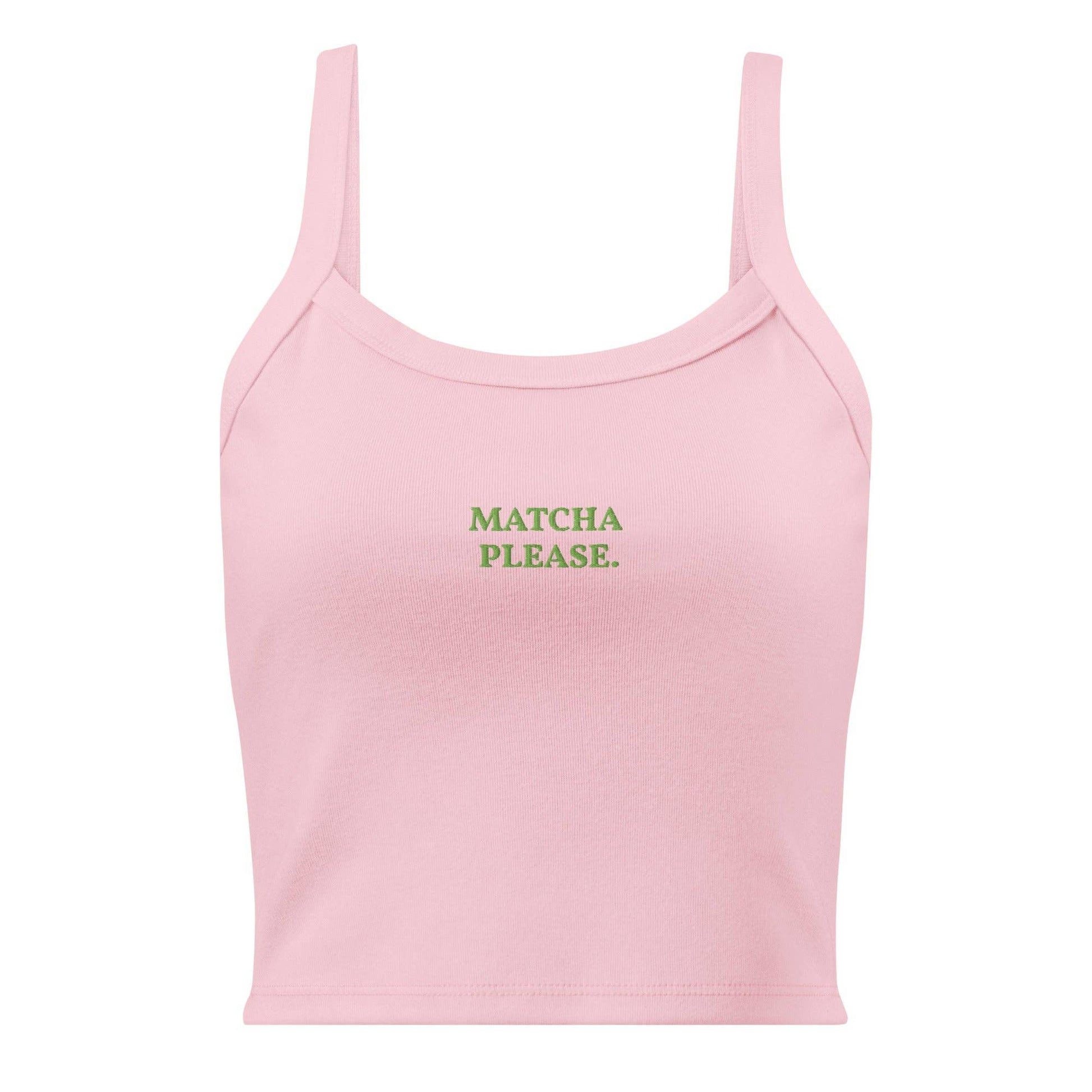 Canotta crop a coste in cotone con ricamo "Matcha Please"