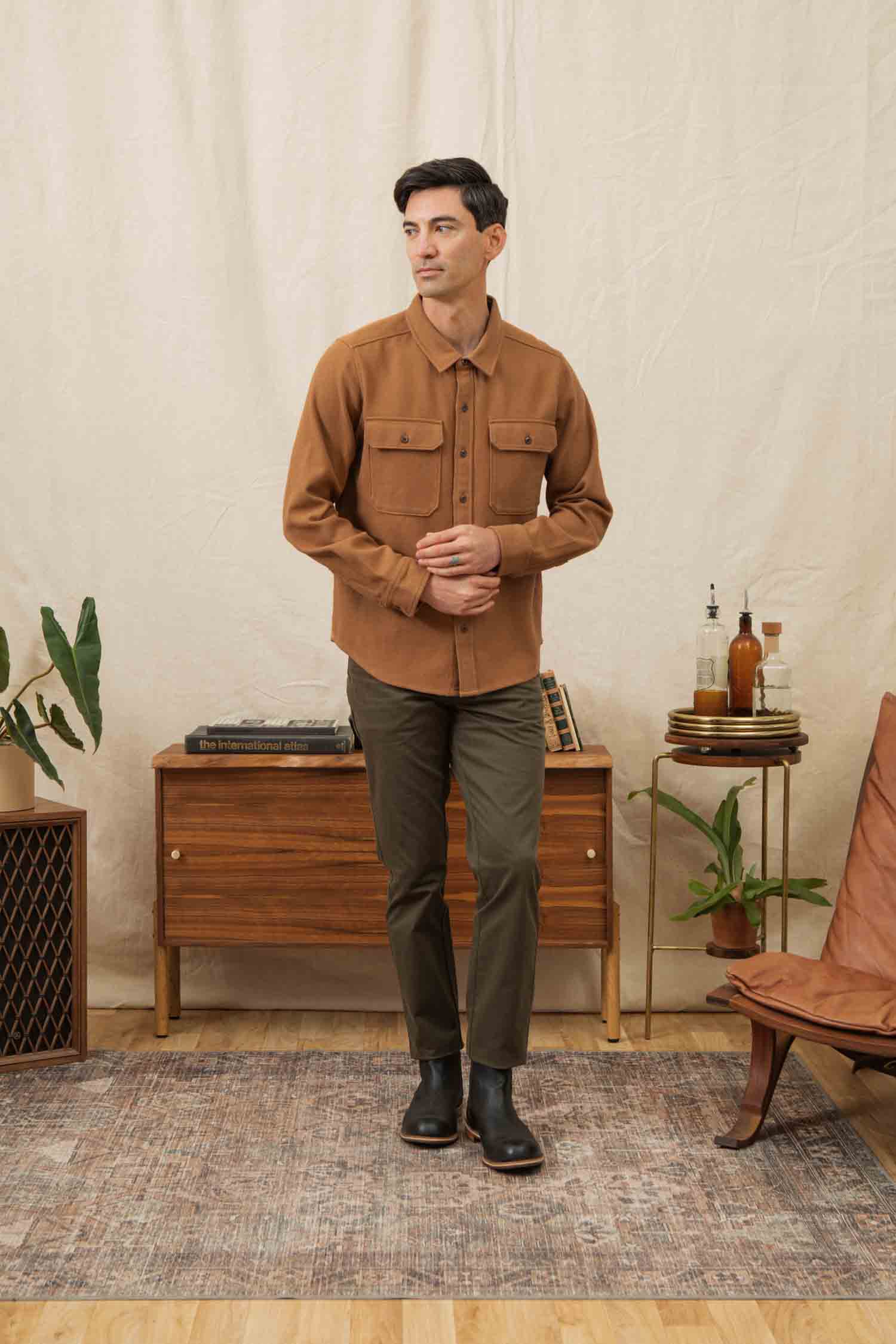 Overshirt in twill riciclato color cammello