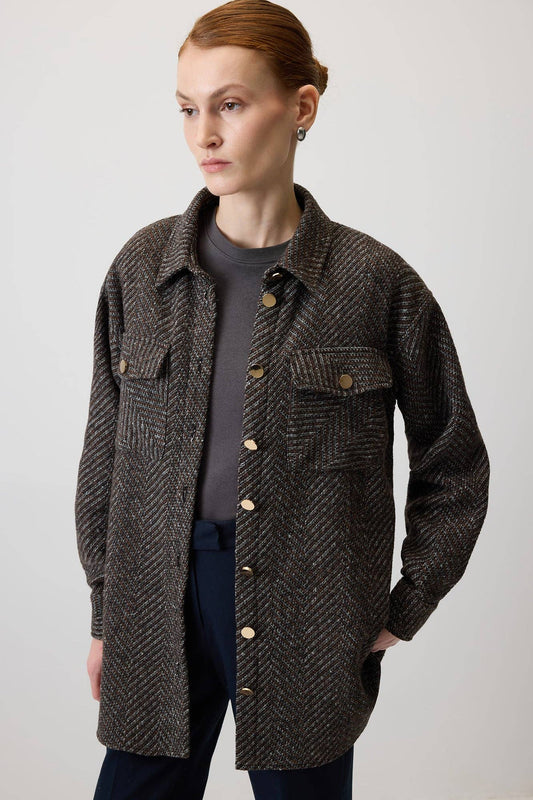 Camicia oversize a spina di pesce marrone