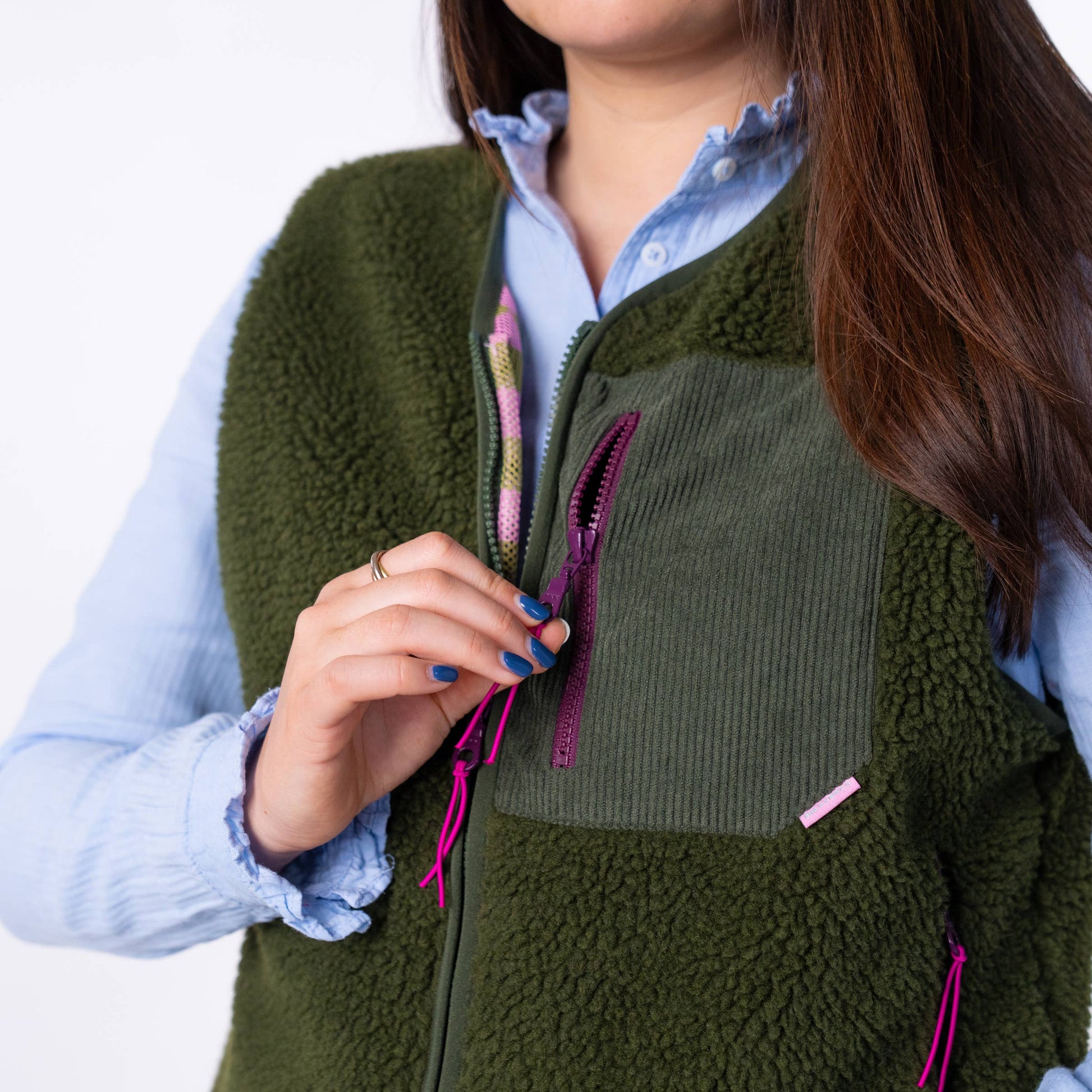 Gilet donna in sherpa con zip color kaki