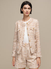 Blazer bouclé corto con bottoni gioiello