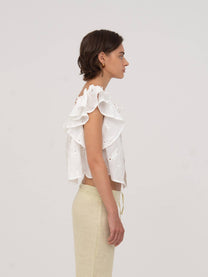 Top bianco Lux con volant e ricami