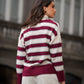 Cardigan a righe bordeaux con scollo a V