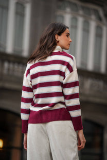 Cardigan a righe bordeaux con scollo a V