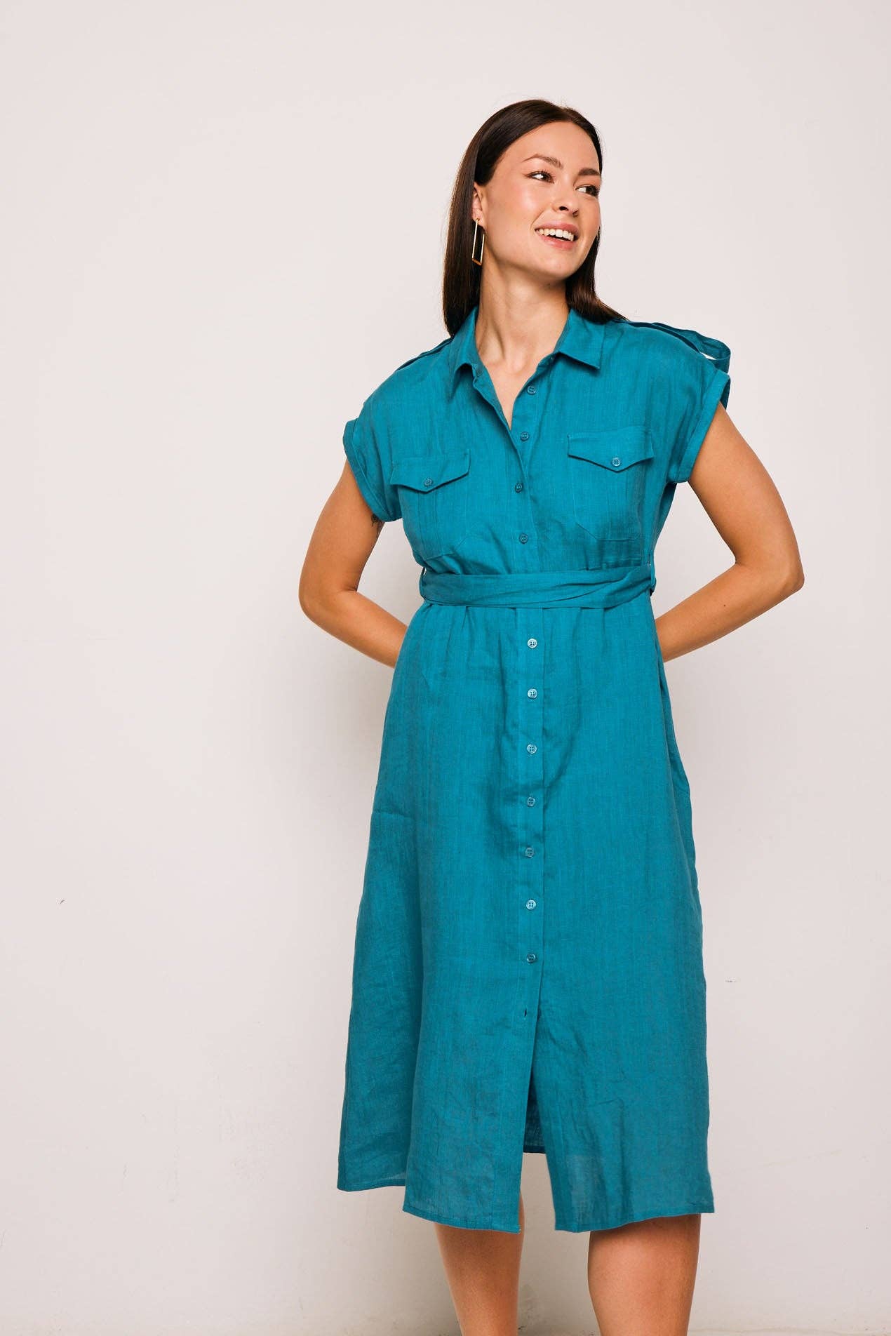 Abito chemisier lungo in lino blu
