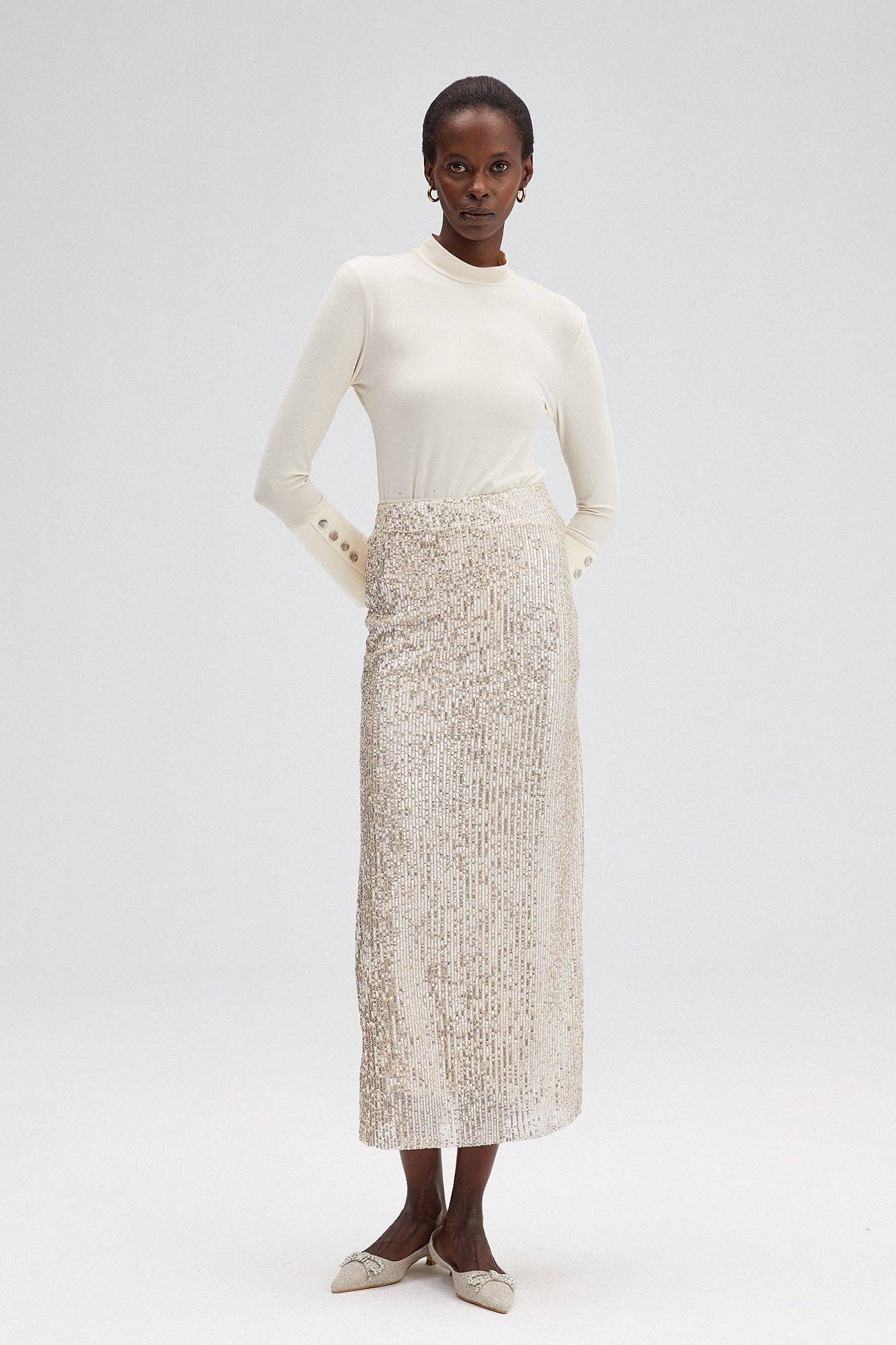 Gonna tubino midi con paillettes argento