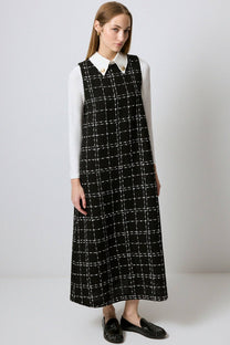 Abito gilet in tweed a quadri con colletto a camicia