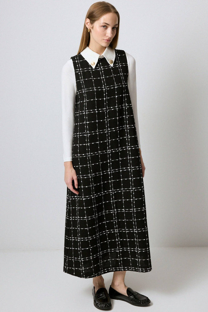 Abito gilet in tweed a quadri con colletto a camicia