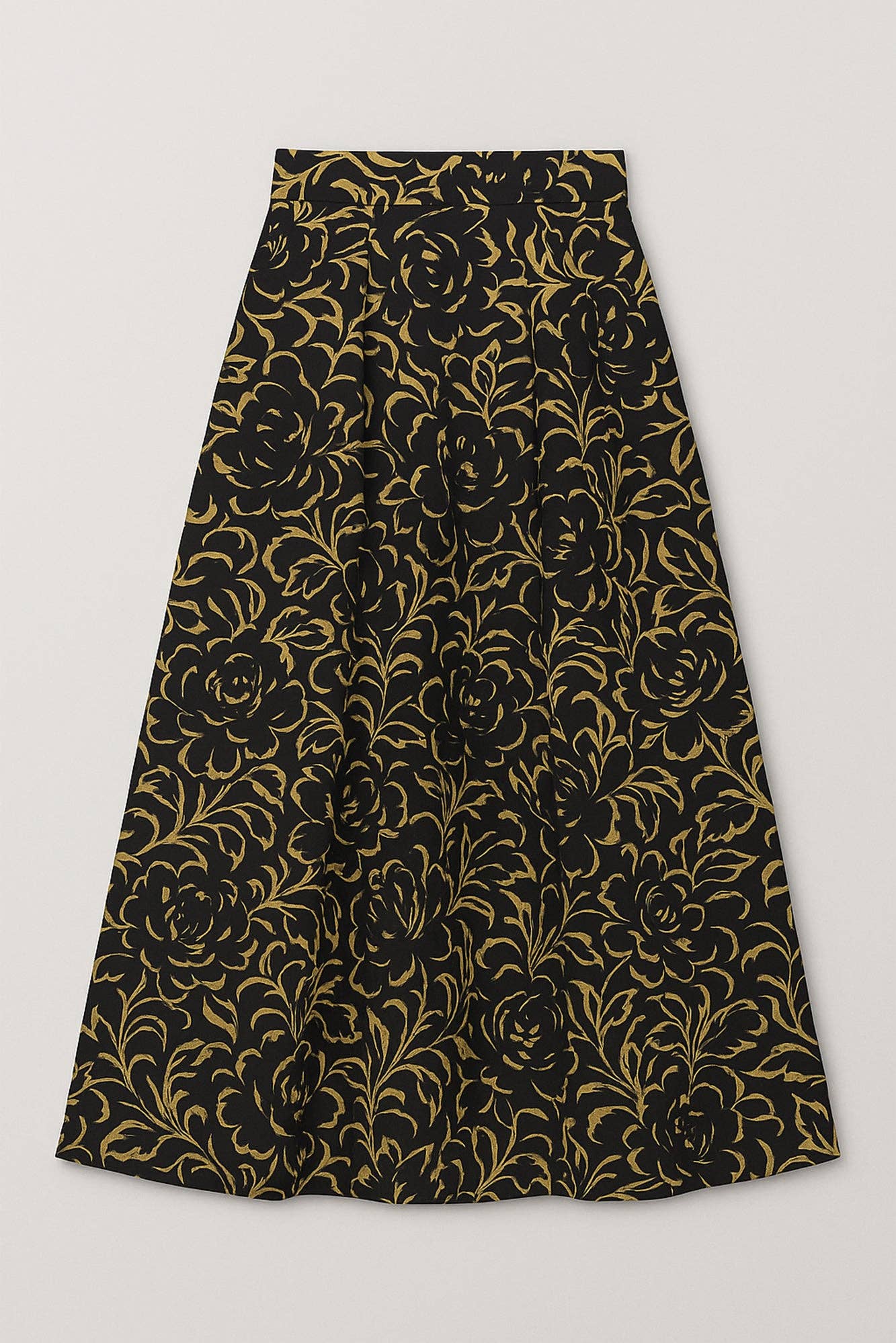 Gonna midi a campana floreale nera e oro