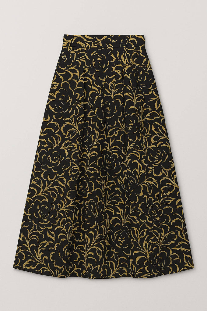 Gonna midi a campana floreale nera e oro