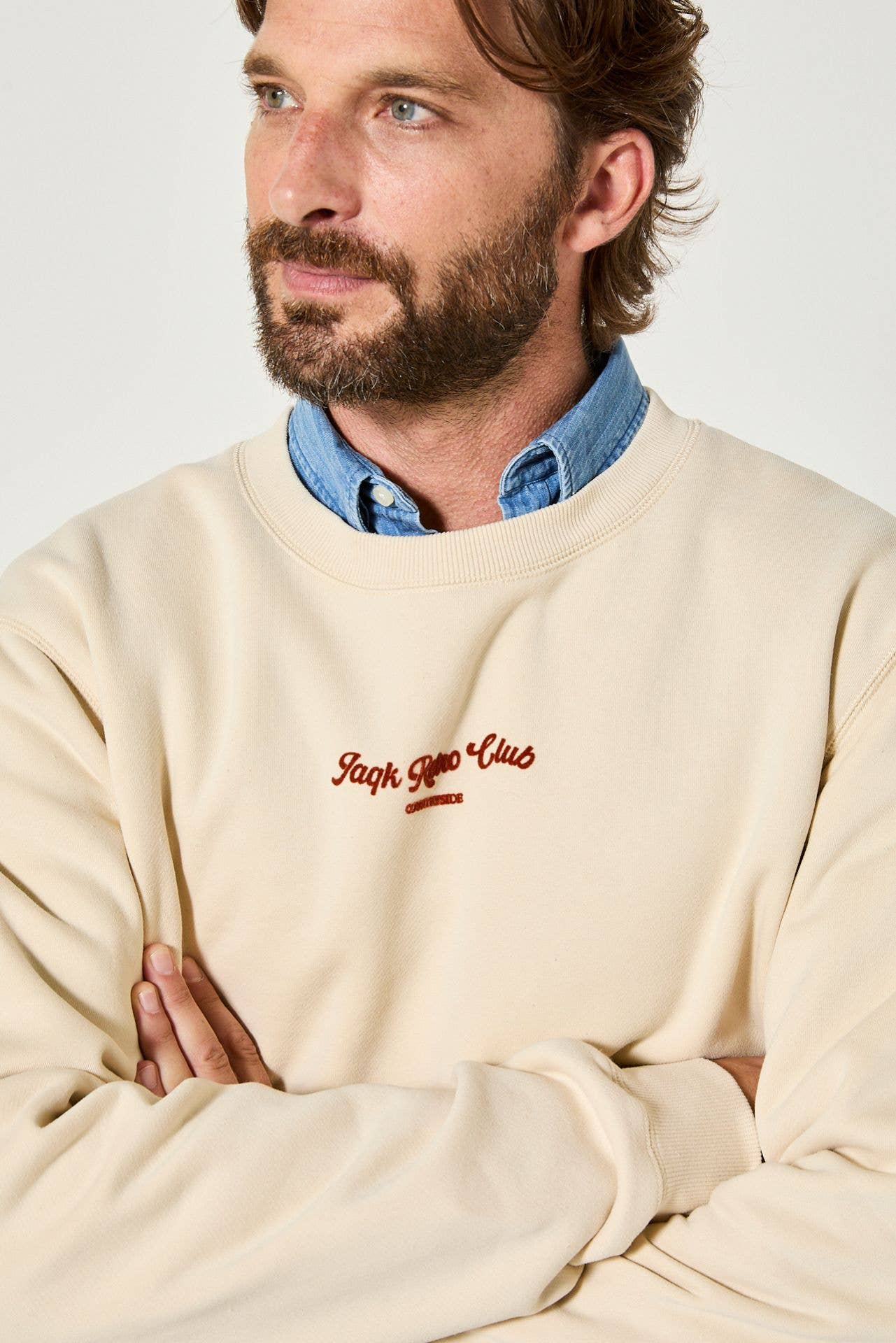 Felpa rétro beige in cotone con ricamo