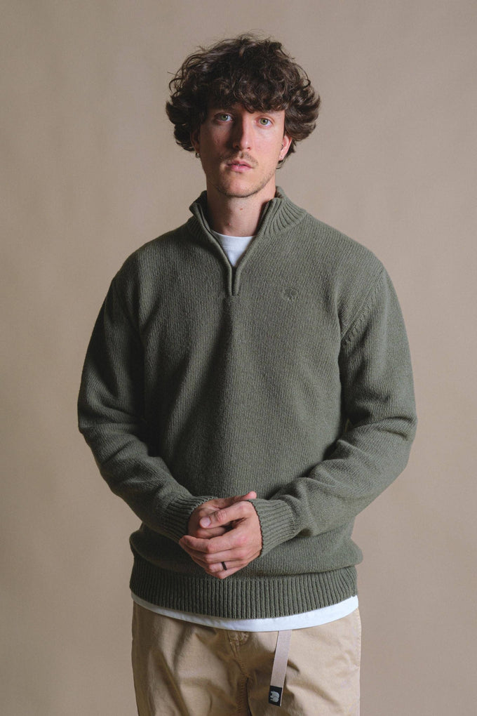 Maglia uomo in lana jacquard con zip a quarto color salvia