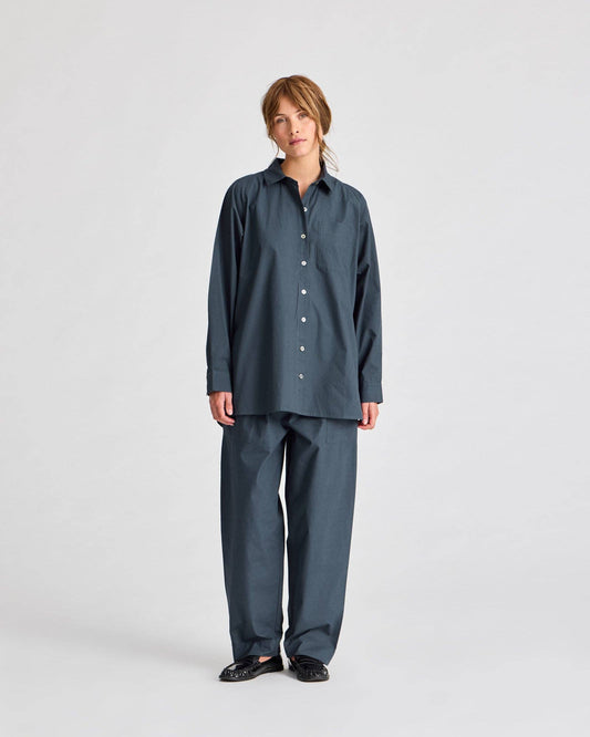 Camicia lunga in popeline con maniche raglan blu denim